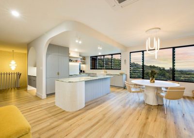 Kitchen and dining area with spectacular views through Breezway Louvres