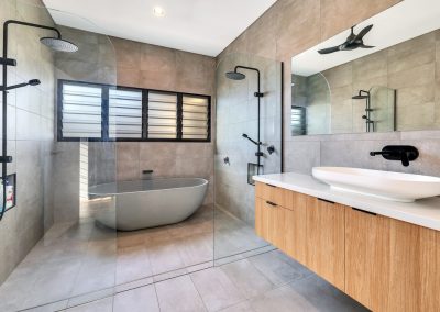 Breezway Louvres with frosted glass panels provide privacy in bathroom areas